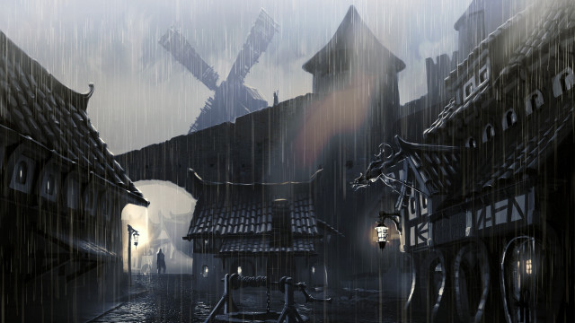 Town windmills rain umbrella european free wallpaper for desktop - medium preview image