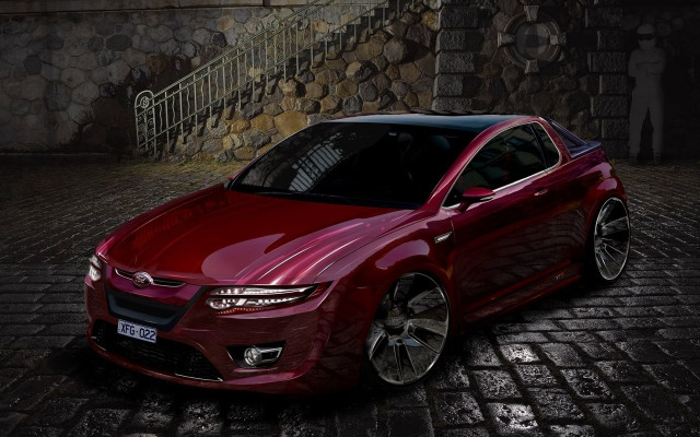 Red car cobblestone street stone free wallpaper for desktop - medium preview image