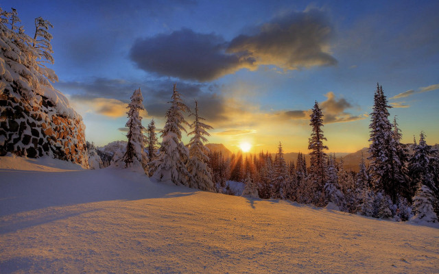 Sunset snowy mountain trees clouds #3 free wallpaper for desktop - medium preview image