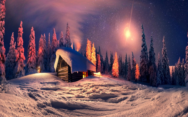 Cabin snowy forest night full free wallpaper for desktop - medium preview image