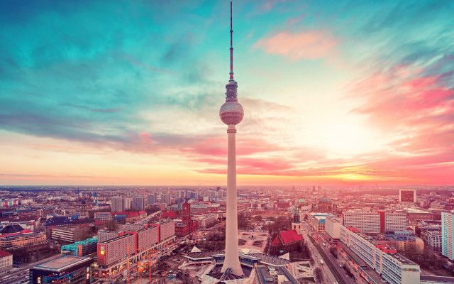 Berlin skyline tower sunset cityscape free wallpaper for desktop - medium preview image