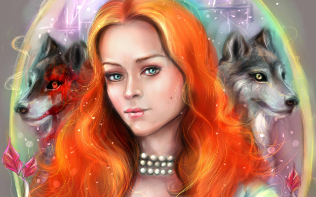 Red haired woman wolf circle free wallpaper for desktop - medium preview image