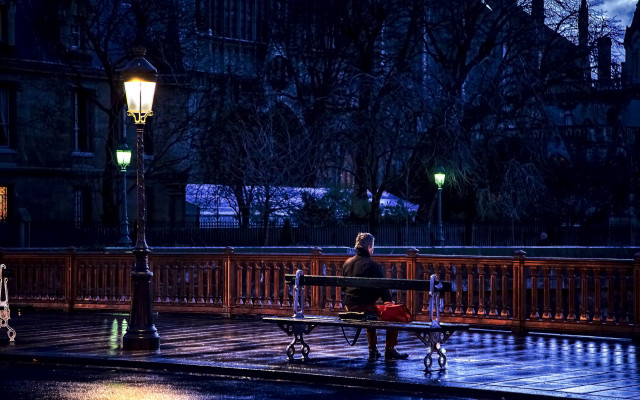 Night rain bench lamppost cityscape free wallpaper for desktop - medium preview image