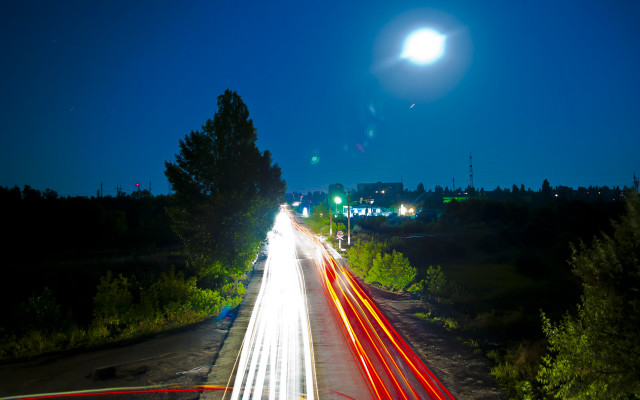 Night road moonlight trees landscape free wallpaper for desktop - medium preview image