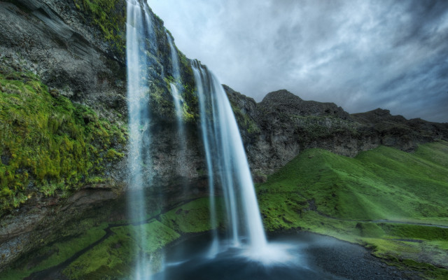 Waterfall green field cloudy sky free wallpaper for desktop - medium preview image