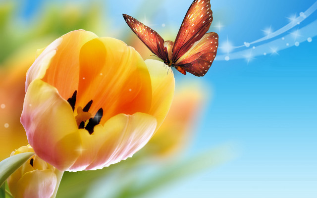 Butterfly yellowflower blueSky whiteStar magicRealism free wallpaper for desktop - medium preview image
