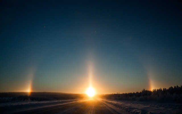 Sunlight snowy road trees lake free wallpaper for desktop - medium preview image