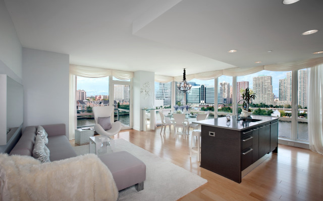 Living room couch window cityscape free wallpaper for desktop - medium preview image