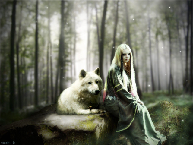 Woman long hair white wolf free wallpaper for desktop - medium preview image