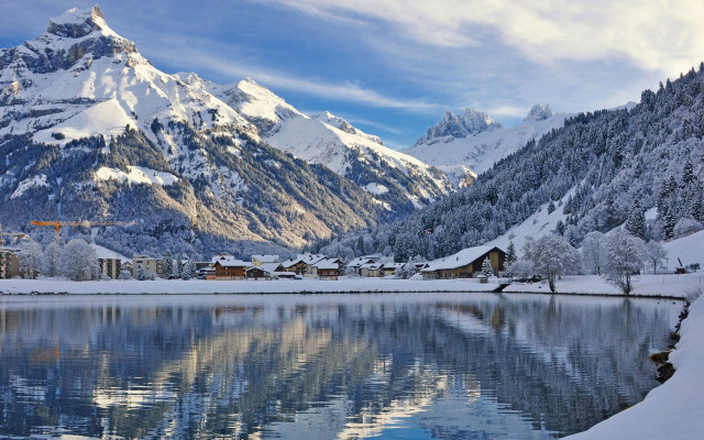 Mountain lake cityscape snowy sky free wallpaper for desktop - medium preview image