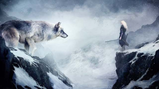 Woman mountain wolf cliff sword free wallpaper for desktop - medium preview image