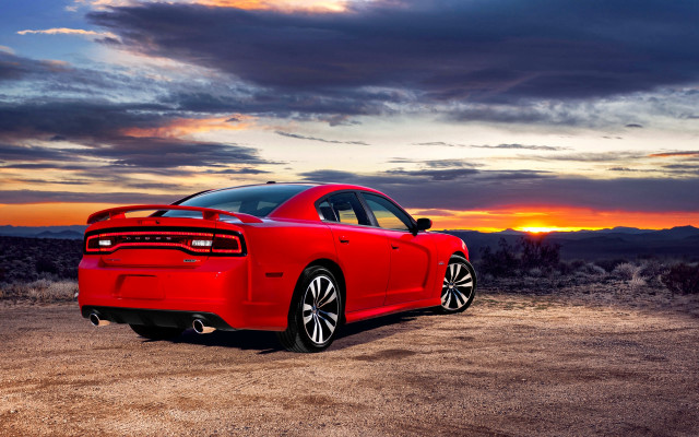Red car desert sunset cloudy free wallpaper for desktop - medium preview image