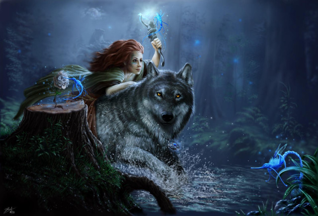 Girl wolf woods sword fairy free wallpaper for desktop - medium preview image