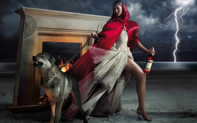Woman red cape dog leash free wallpaper for desktop - medium preview image