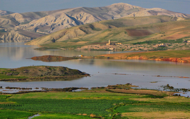 Lake mountains town church horizon free wallpaper for desktop - medium preview image