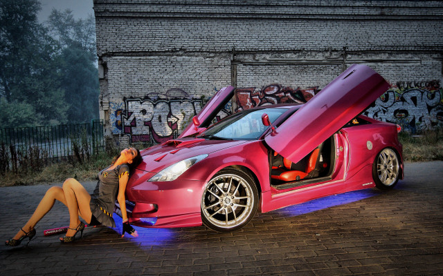 Woman sitting red sports car #3 free wallpaper for desktop - medium preview image