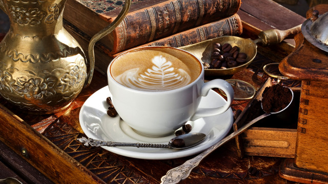 Coffee saucer spoons book stilllife free wallpaper for desktop - medium preview image