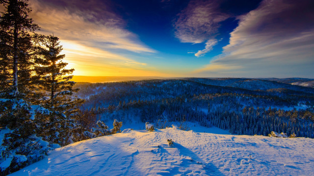 Sunset snowy mountain trees clouds #8 free wallpaper for desktop - medium preview image