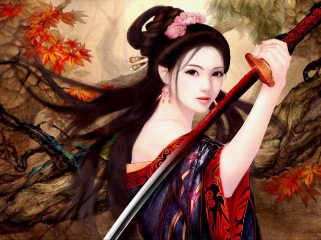 Woman sword autumn leaves tree free wallpaper for desktop - medium preview image
