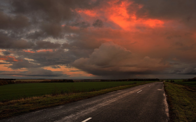 Road cloudy sunset field stormy free wallpaper for desktop - medium preview image