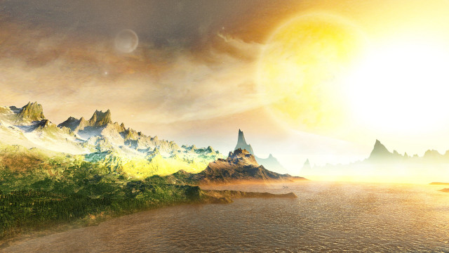 Mountain range sun river fantasy free wallpaper for desktop - medium preview image