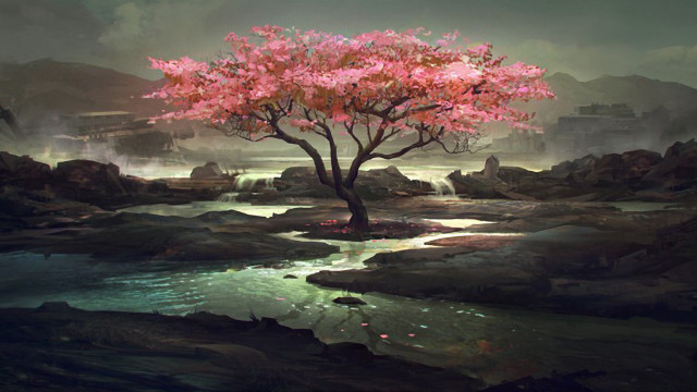 Pink cherry blossom river city free wallpaper for desktop - medium preview image