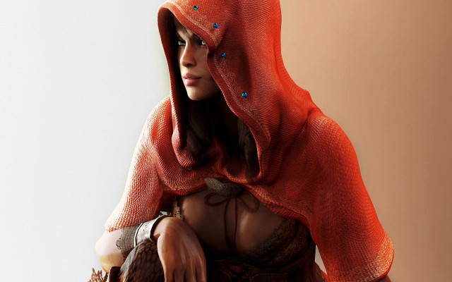 Woman red hoodie fruit basket free wallpaper for desktop - medium preview image