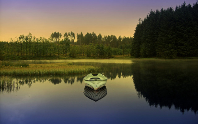 Lake boat trees purple sky free wallpaper for desktop - medium preview image