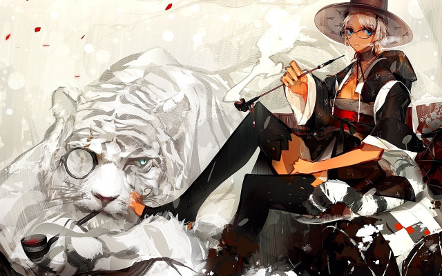 Woman hat glasses white tiger free wallpaper for desktop - medium preview image
