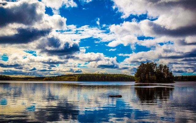 Lake trees clouds rocks matte free wallpaper for desktop - medium preview image