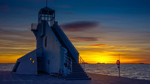 Lighthouse stairway sunset ocean boat free wallpaper for desktop - medium preview image