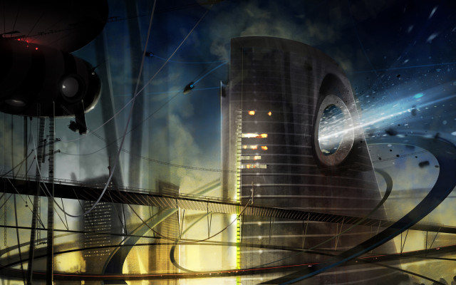 Futuristic city clock tower bridge free wallpaper for desktop - medium preview image