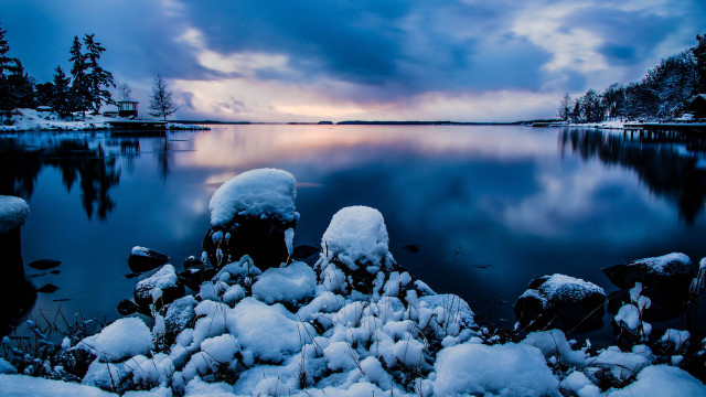Lake snow cloudy sky trees free wallpaper for desktop - medium preview image