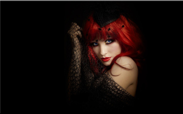 Gothic redhair blackdress photorealistic portrait free wallpaper for desktop - medium preview image