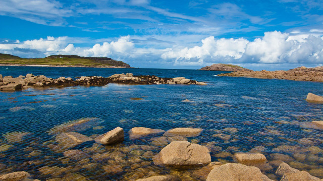 Lake hills clouds rocks bridge free wallpaper for desktop - medium preview image
