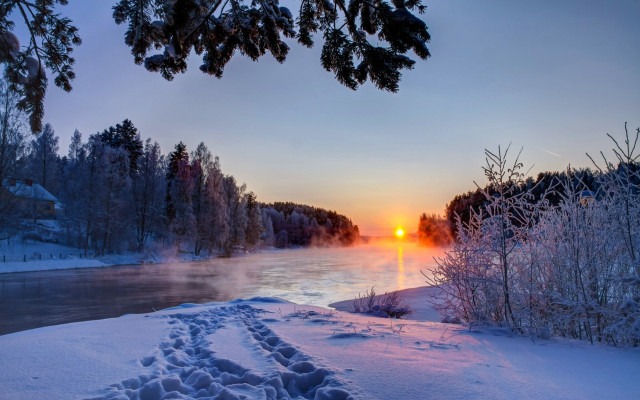 River sunset snow trees water free wallpaper for desktop - medium preview image