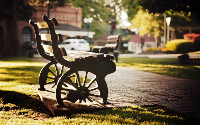 Park walkway bench cars tiltshift free wallpaper for desktop - medium preview image