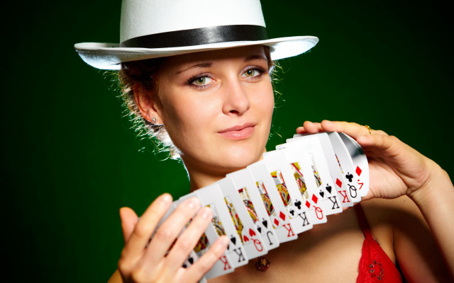 Woman white hat cards green free wallpaper for desktop - medium preview image
