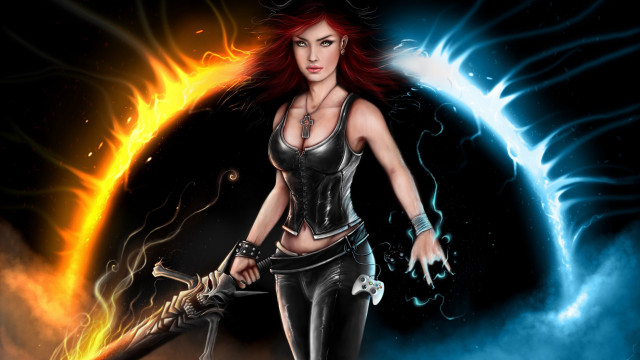 Fantasy woman sword fire moon free wallpaper for desktop - medium preview image