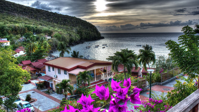Tropical island boat house purple free wallpaper for desktop - medium preview image
