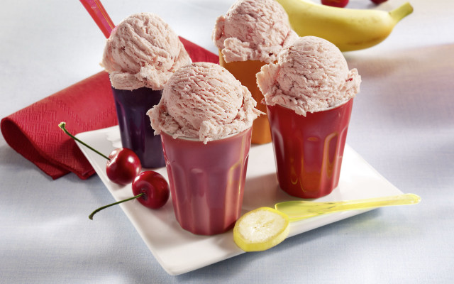 Three icecreams cherries bananas plate free wallpaper for desktop - medium preview image