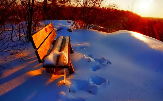 Snowy bench winter sunset trees free wallpaper for desktop - medium preview image