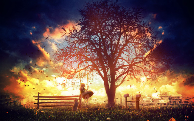 Fire bench under tree autumn free wallpaper for desktop - medium preview image