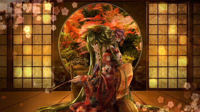 Kimono woman flower background anime free wallpaper for desktop - medium preview image