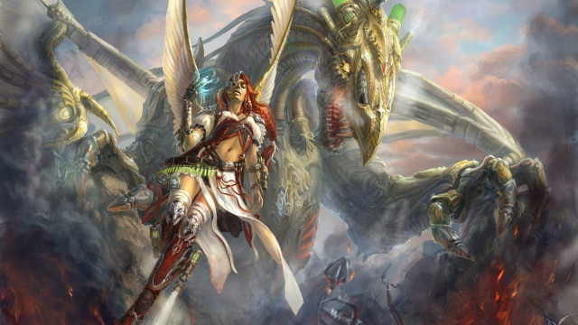 Woman sword giant monster fire free wallpaper for desktop - medium preview image