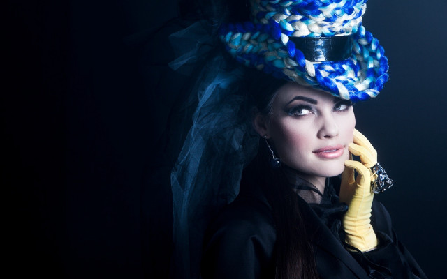 Woman bluehat yellowphone gothicfashion araceligilbert free wallpaper for desktop - medium preview image