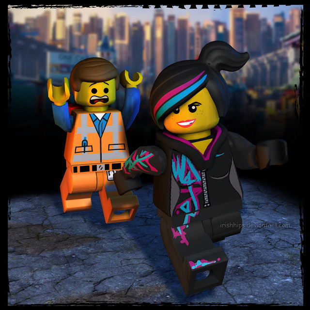 Lego character walking city skyscrapers free wallpaper for tablet - medium preview image