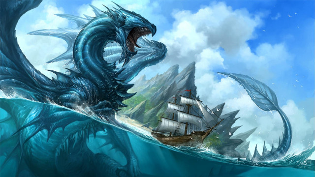 Dragon attack ship ocean background free wallpaper for desktop - medium preview image