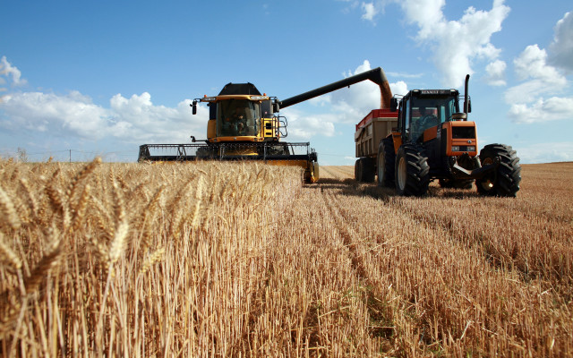 Tractors harvesting wheat sunny day free wallpaper for desktop - medium preview image