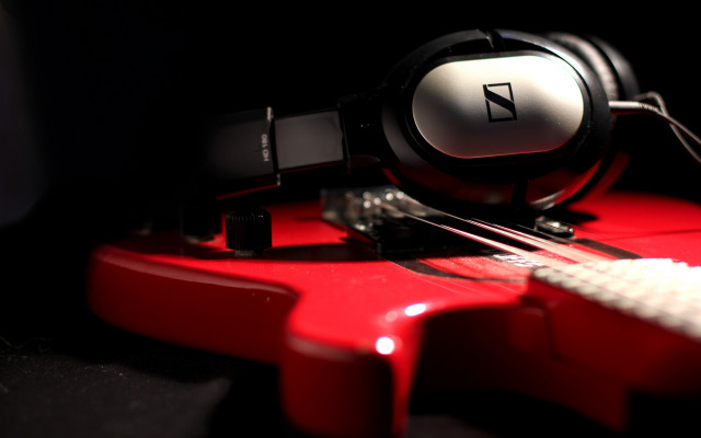 Red guitar headphones white cord free wallpaper for desktop - medium preview image